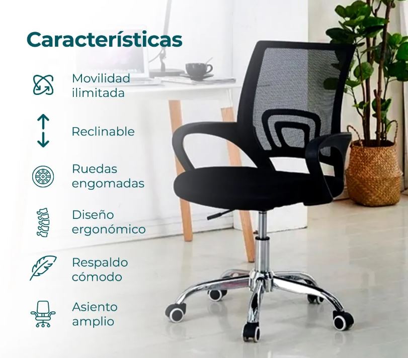 Silla Escritorio Oficina Pc con Ruedas Almohadón Color Negro - Imagen 2